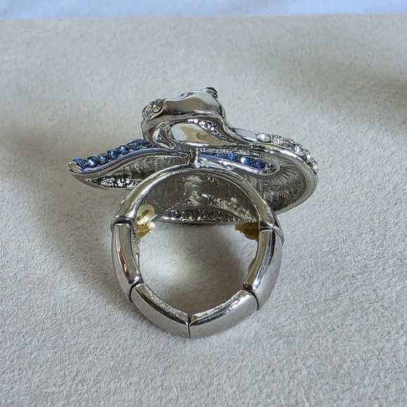 Statement Silver Ring Swan with Blue Green Rhinestones - Picture 7 of 9